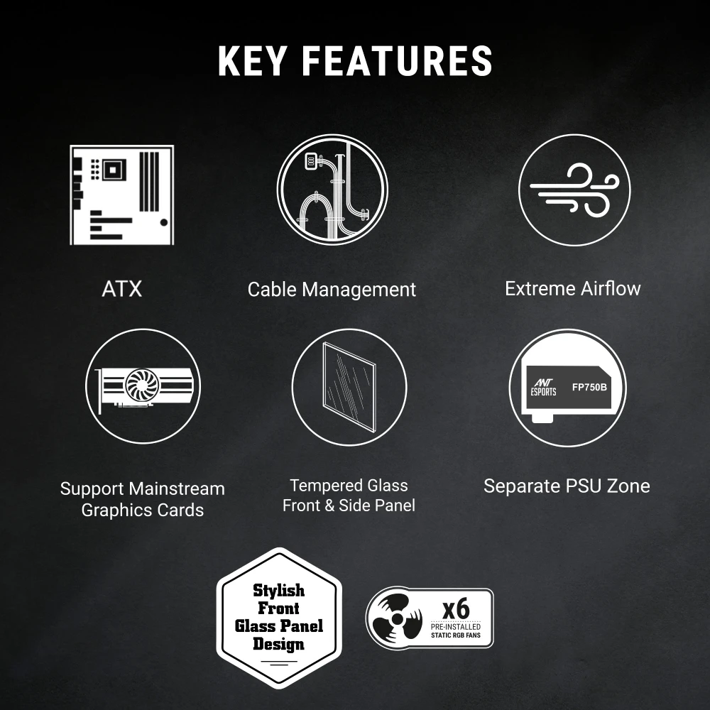 Ant Esports ICE-270G 6F ARGB Gaming Cabinet – Black