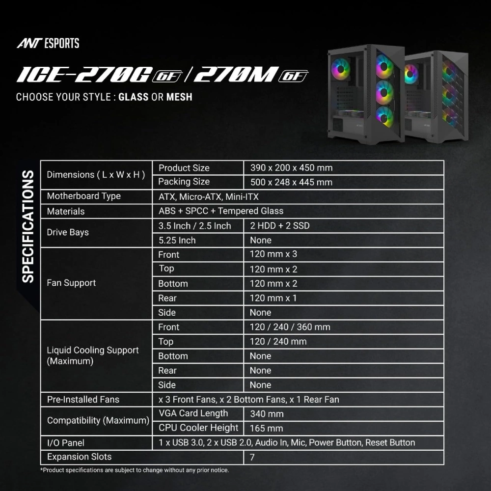 Ant Esports ICE-270M 6F ARGB Gaming Cabinet – Black
