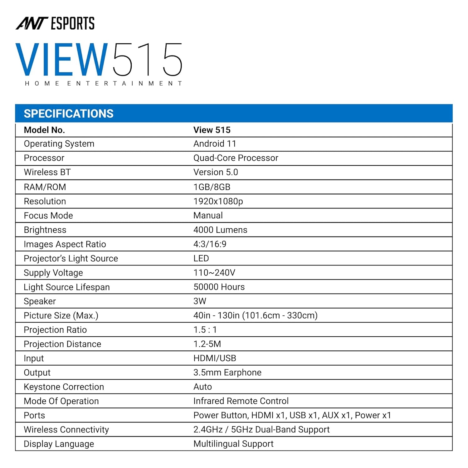 Ant Esports VIEW515 1080p Smart LED Projector (USB/HDMI)