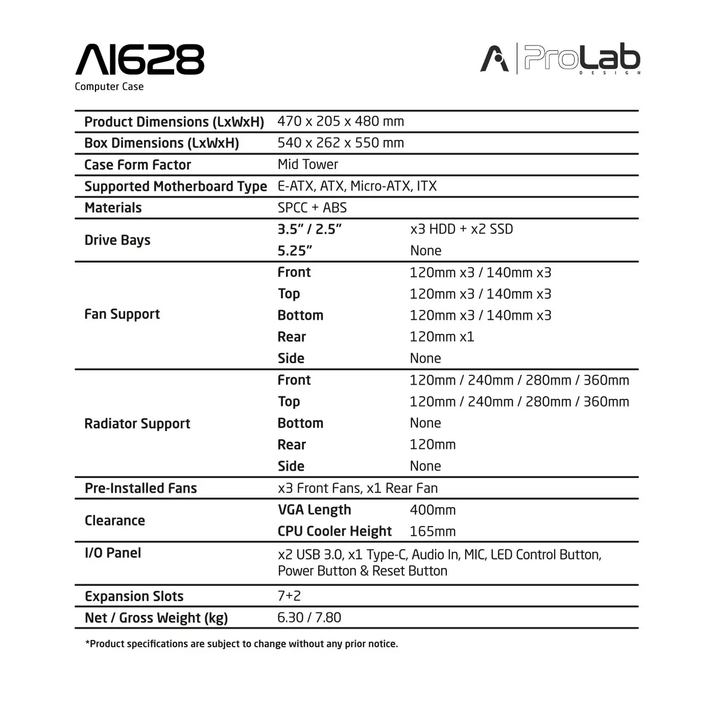 ProLab Design AI628 Workstation Server Cabinet (E-ATX/ATX/M-ATX)