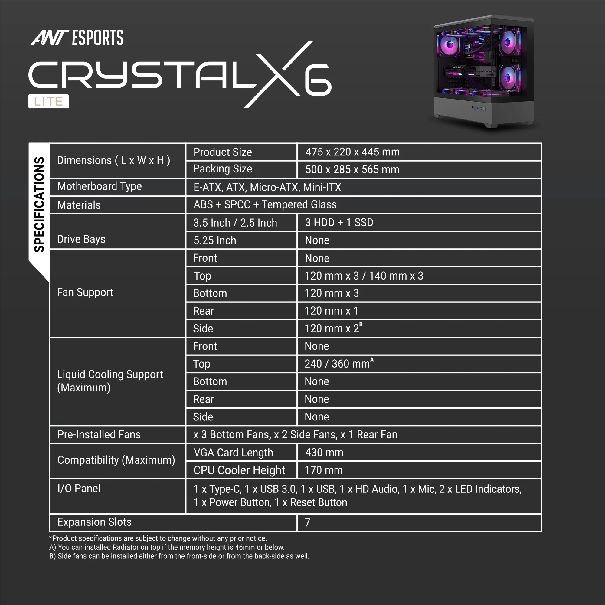 Ant Esports Crystal X6 Lite ARGB E-ATX Cabinet 6 Fans