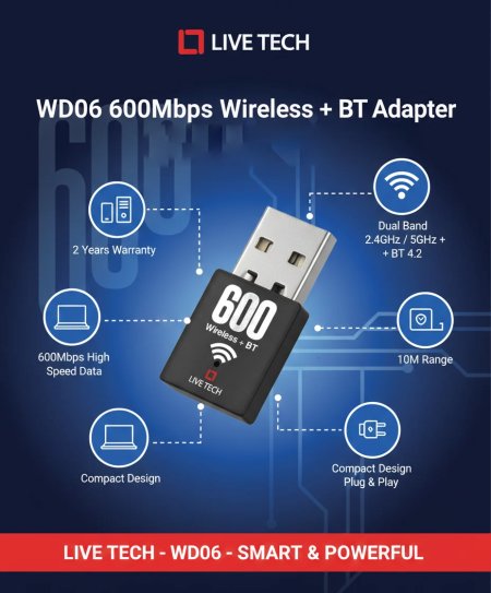 Live Tech WD06 600Mbps Dual Band WiFi + Bluetooth Adapter