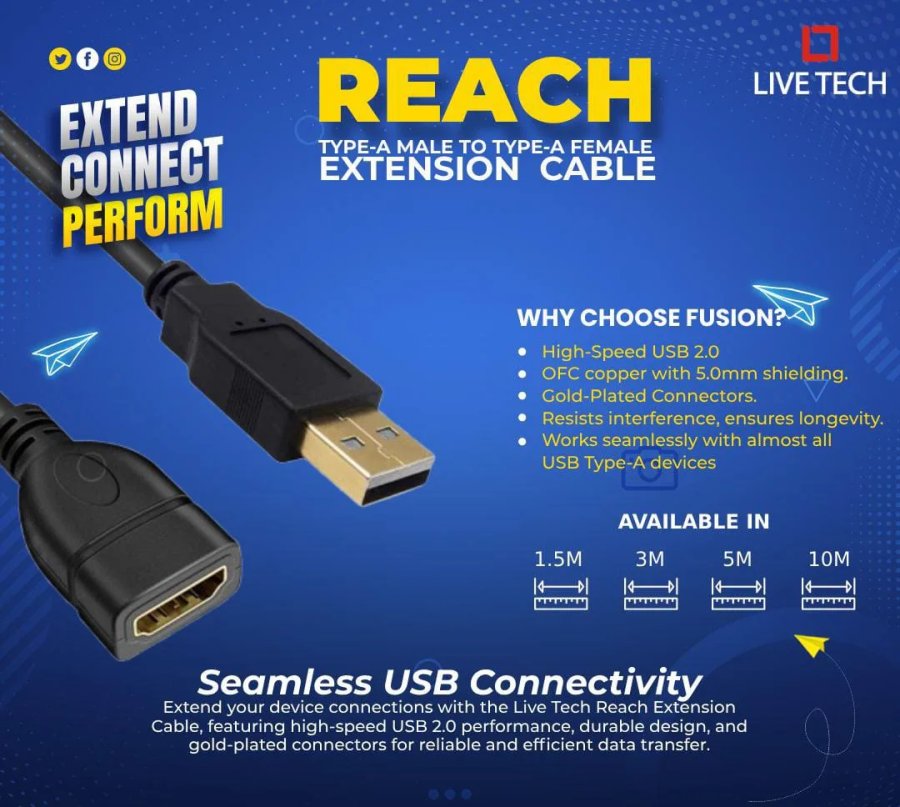 Live Tech USB Extension 2.0 Cable 5M (REACH)