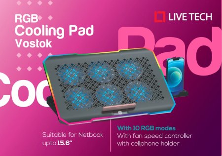 Live Tech Vostok 6-Fan RGB Laptop Cooling Pad – Adjustable Height & Phone Stand