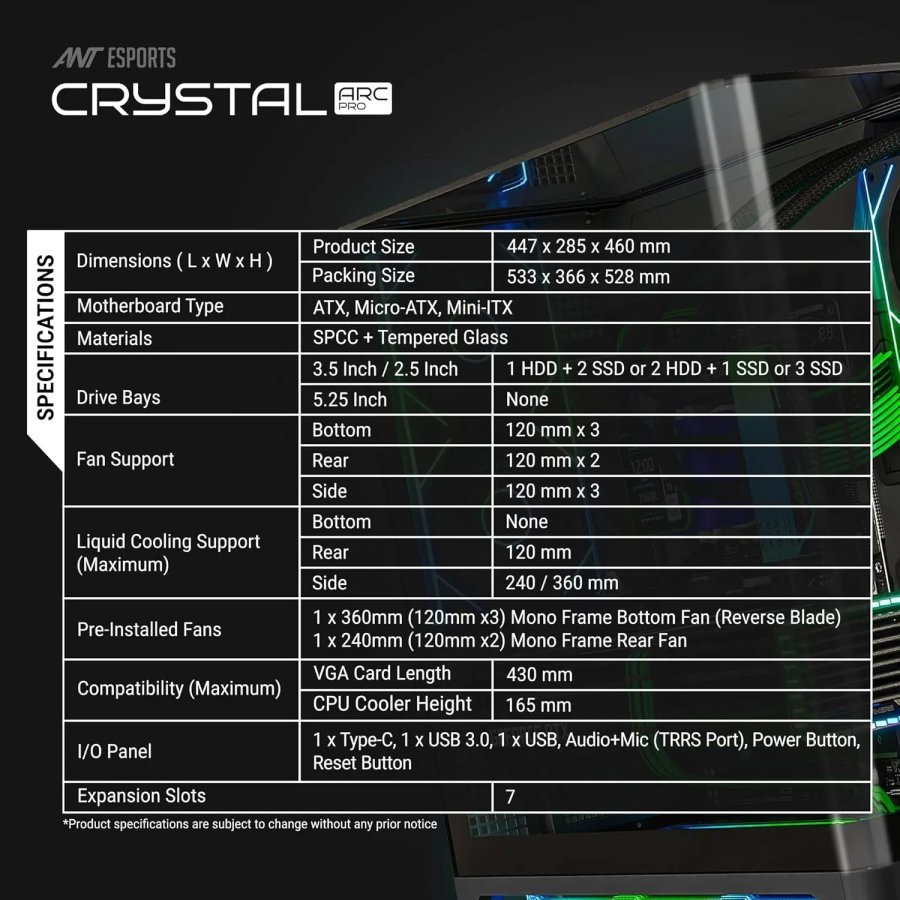 Ant Esports Crystal ARC Pro Black Gaming Cabinet ATX/M-ATX/ITX