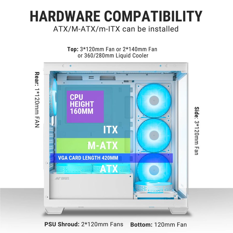 Ant Esports Crystal X7 ATX Cabinet White 7x120mm Fans