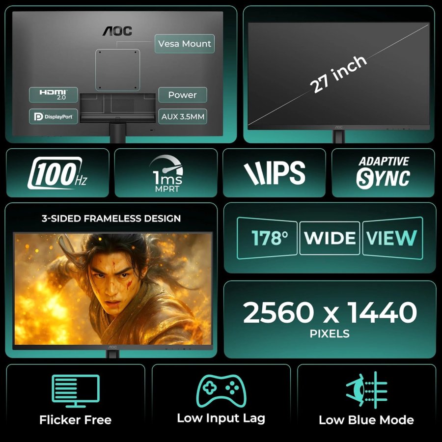 AOC Q27B3S2 27 Inch 2K QHD IPS Monitor